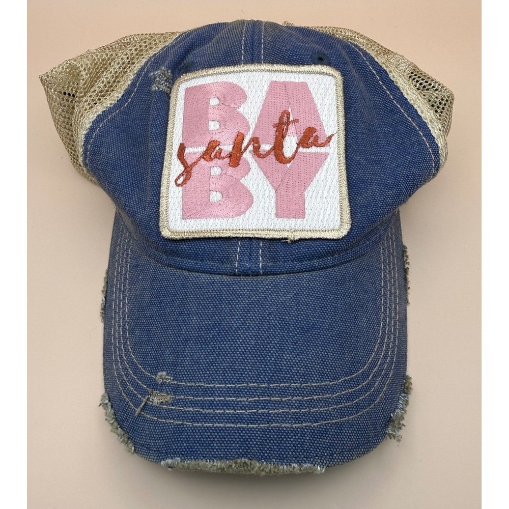 Judith March Santa Baby Distressed Trucker Hat Blue Denim Mesh Snapback Cap